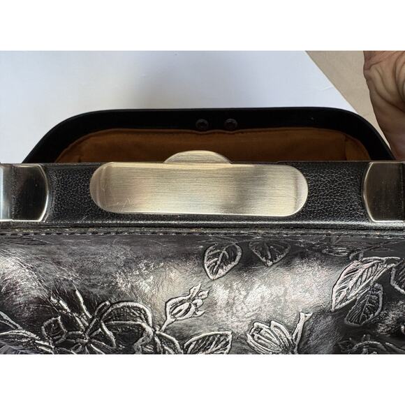 Gracchi Metallic Embossed Leather Satchel, Black Silver, Artsy Boho Doctor Bag - Picture 11 of 13